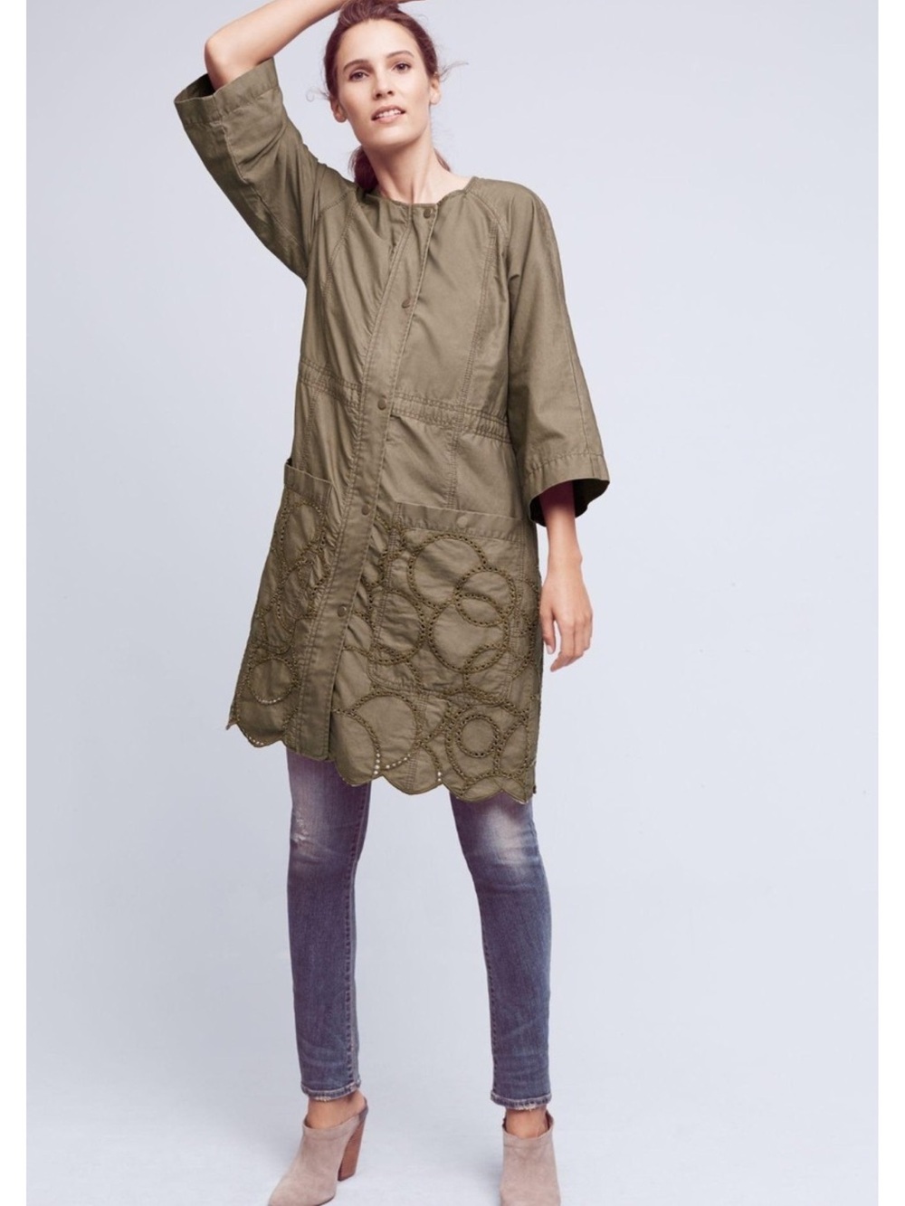 Anthropologie Hei Hei Scalloped Anorak Dress Jacket In Moss Green Size SP EUC